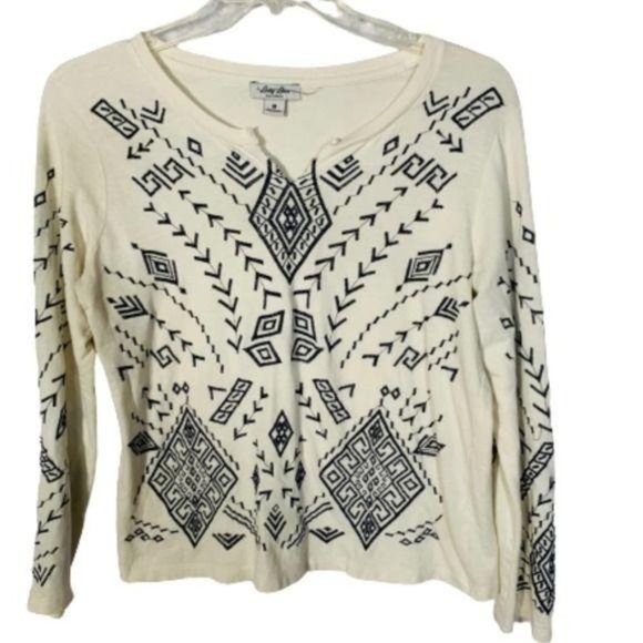 Lucky Brand Boho Embroidered Pullover Shirt Ivory Blue Size Medium - Picture 2 of 6